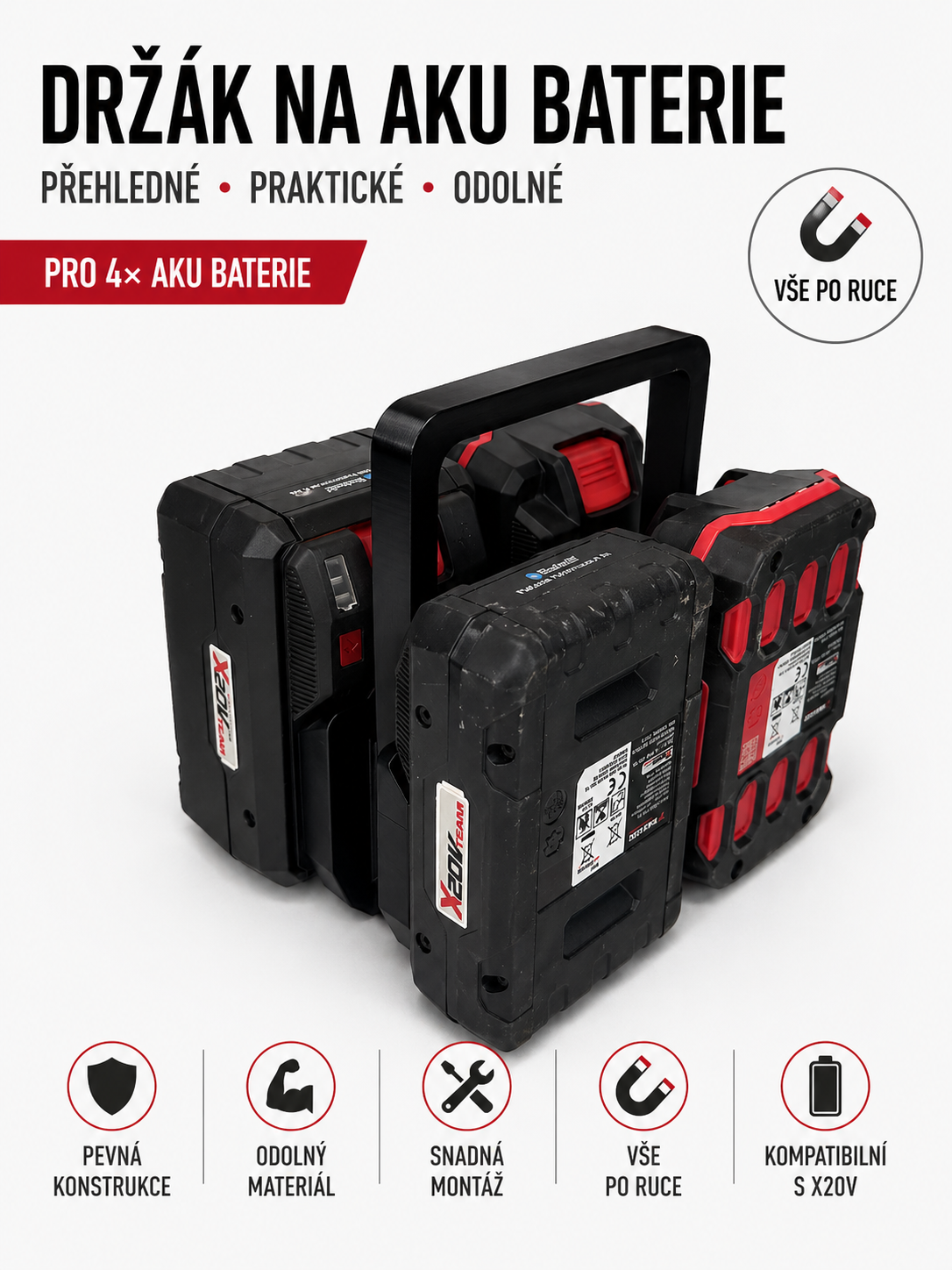 Držák na 4× Parkside 20V baterie – organizér na aku baterie